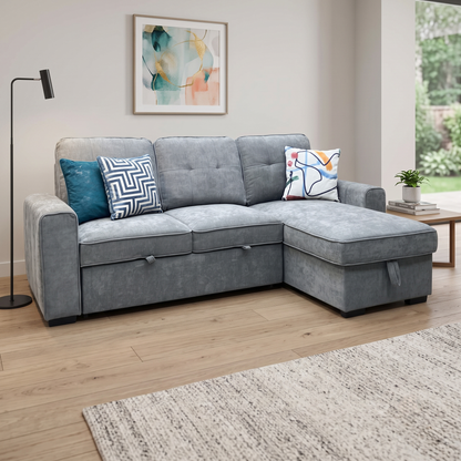 ‘Terry’ Grey Fabric Reversible Corner Sofa Bed with Storage Chaise