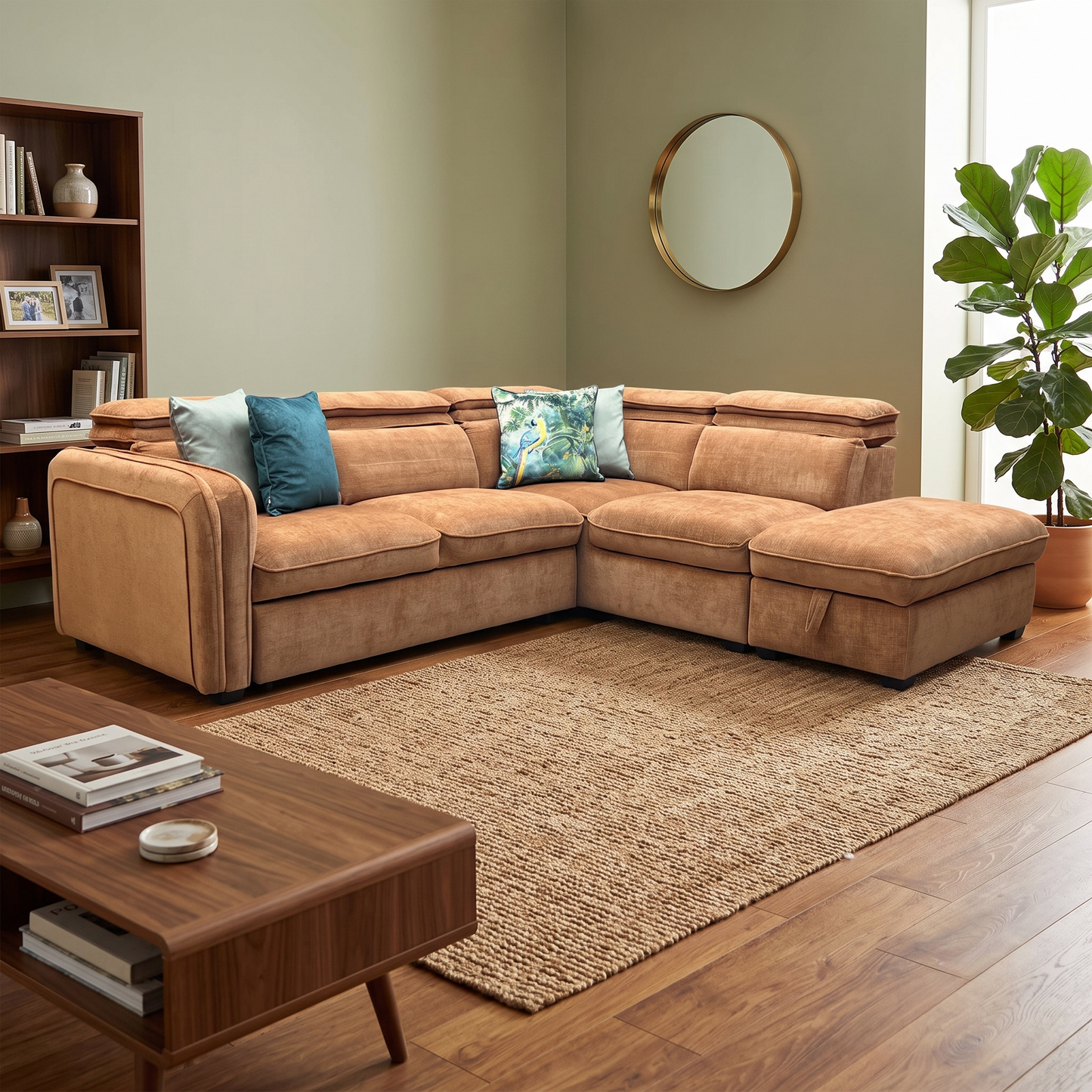 ‘Rodney’ Rust Brown Fabric Right Hand Facing Corner Sofa Bed with Storage