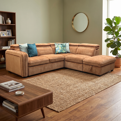 ‘Rodney’ Rust Brown Fabric Right Hand Facing Corner Sofa Bed with Storage