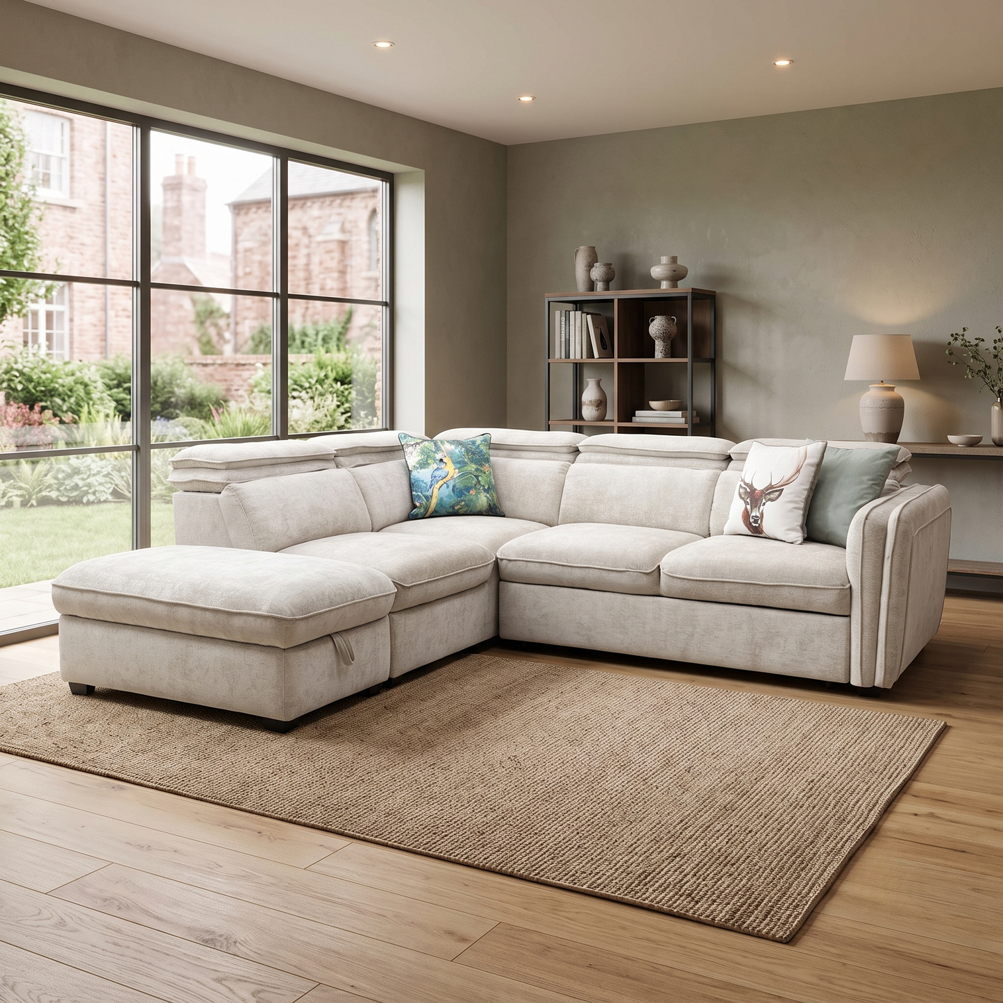 ‘Rodney’ Oatmeal Fabric Left Hand Facing Corner Sofa Bed with Storage