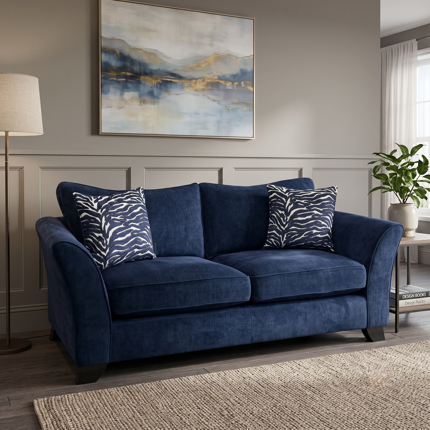 Styled upscale living room lifestyle layout featuring the Sasha Zara Navy Blue fabric 3-seater classic back sofa arranged as a sophisticated, inviting centerpiece.