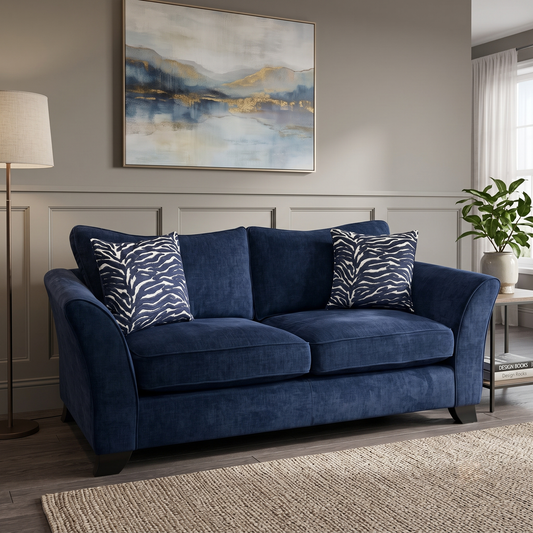 Styled upscale living room lifestyle layout featuring the Sasha Zara Navy Blue fabric 3-seater classic back sofa arranged as a sophisticated, inviting centerpiece.