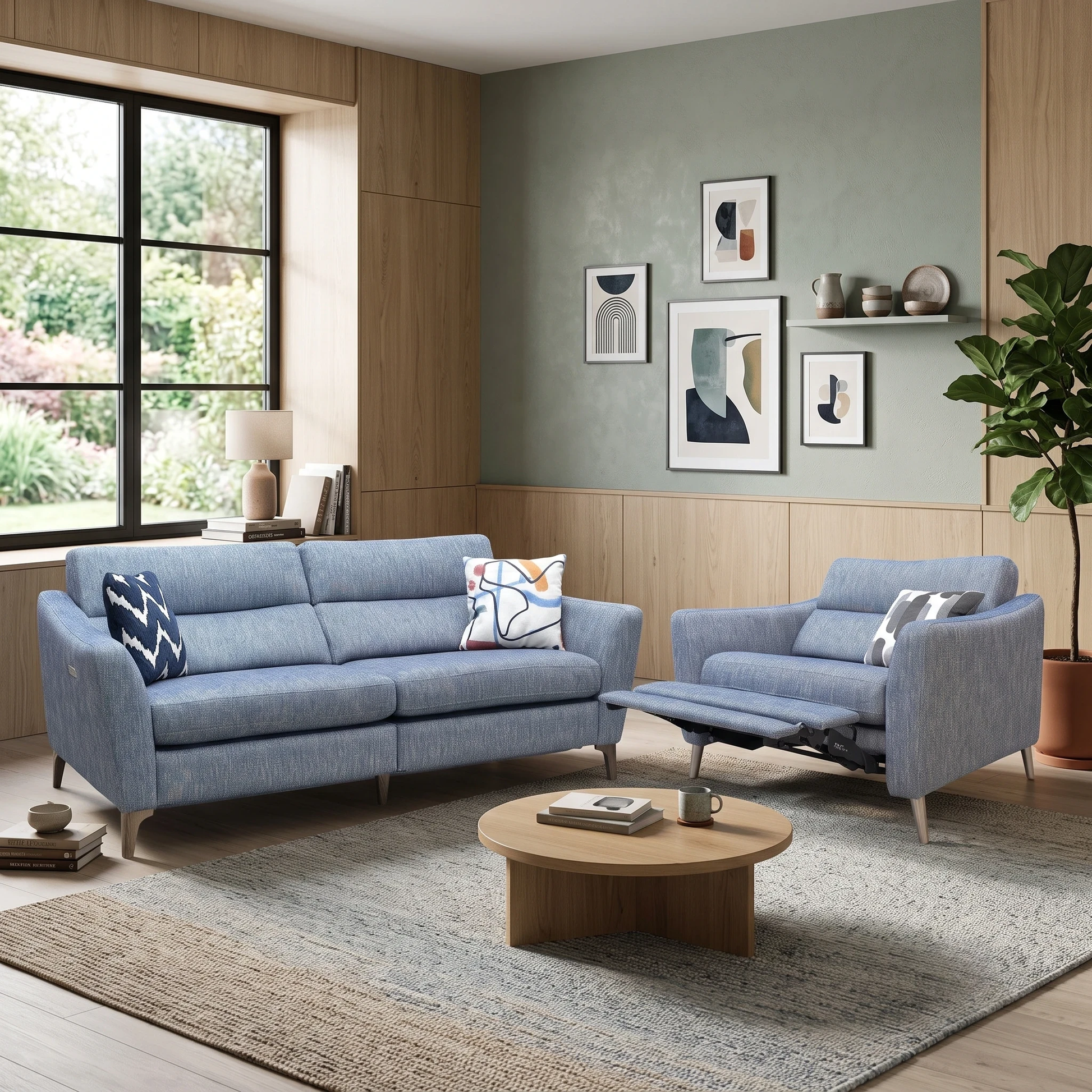 ‘Moderna’ Blr Marine Blue Sw Fabric 3 Seater Power Recliner + Snuggler Chair with Telescopic Headrests Sofa Set Furniture Village