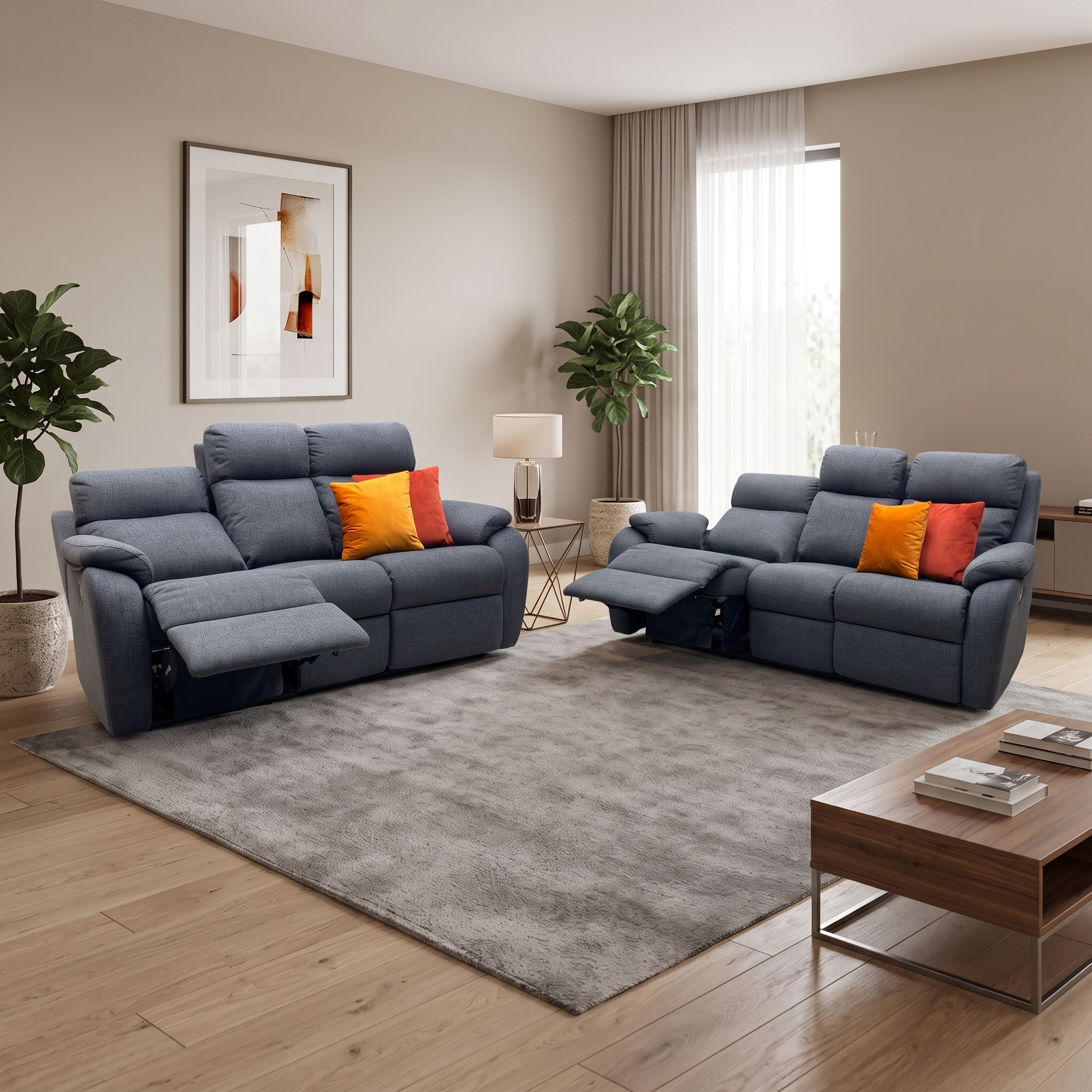 Living room view of G Plan Kingsbury modern slate grey fabric reclining 3-seater sofa. Detailed shot highlighting the distinctively curved armrests, high backrest tailoring, and the iconic elegant G Plan design silhouette engineered for luxury comfort.