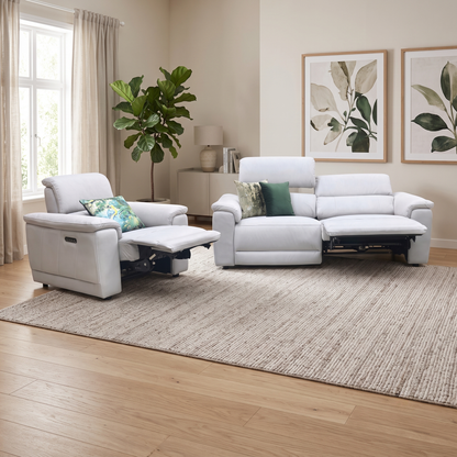 ‘Genius’ Bella Lead Grey 43451 Fabric 3 Seater Power Recliner Sofa with Power Headrests and Power Lumbar + Power Chair