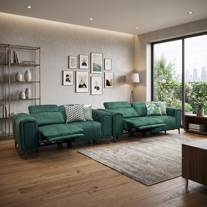 ‘Elphaba’ Opulence Bottle Green Fabric 3 + 2 Seater Power Recliner Sofa with Storage Arms