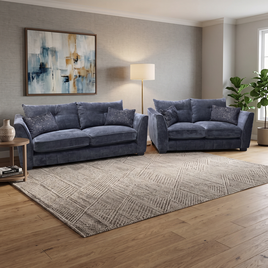 Styled upscale luxury living room lifestyle layout featuring the matching Allure Coco Indigo fabric 3+2 seater sofa set arranged to create a sophisticated, warm, and inviting family entertainment lounge.