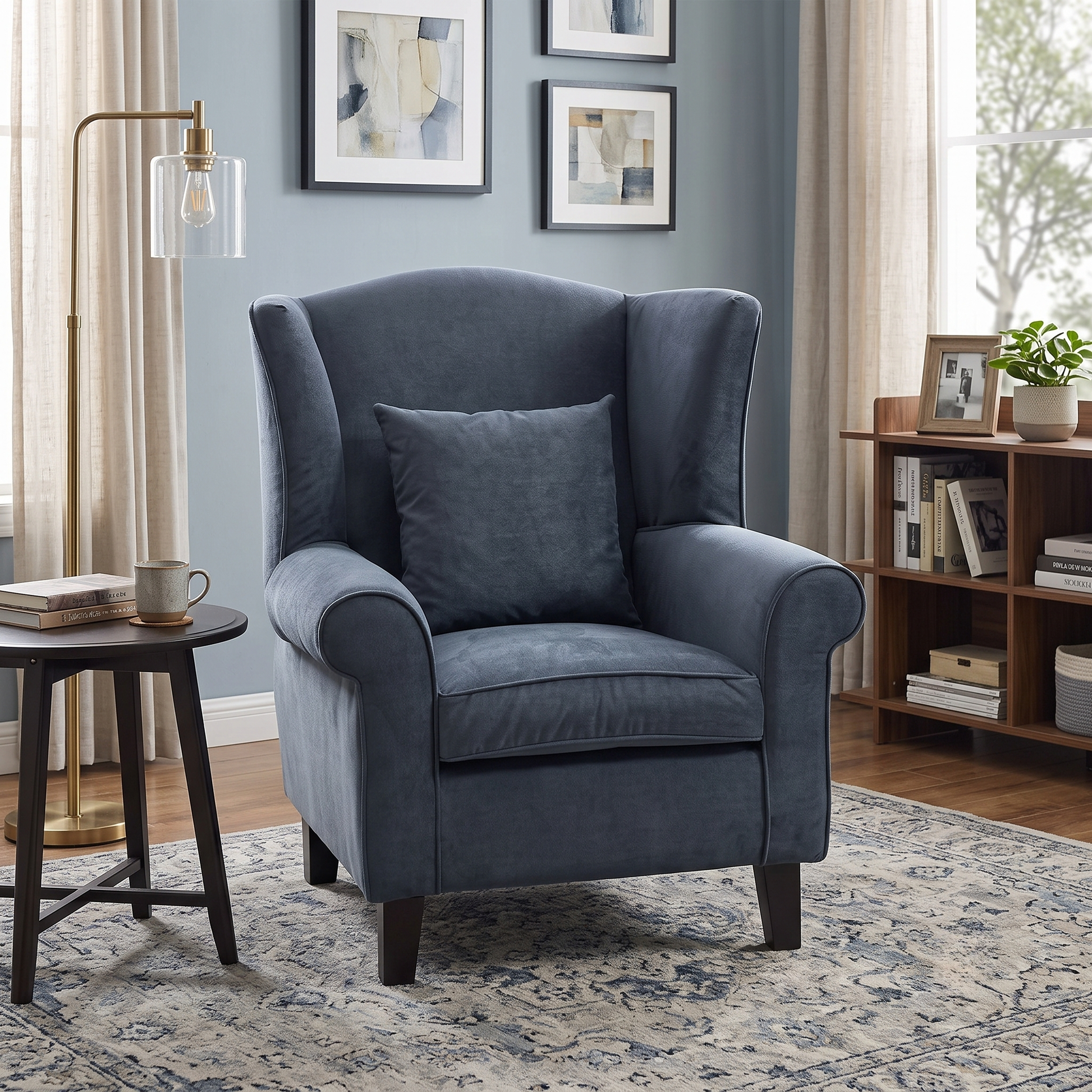 Styled upscale living room fireplace hearth or reading corner layout featuring the Denton grey chenille wingback chair arranged as a timeless, luxurious relaxation centerpiece.