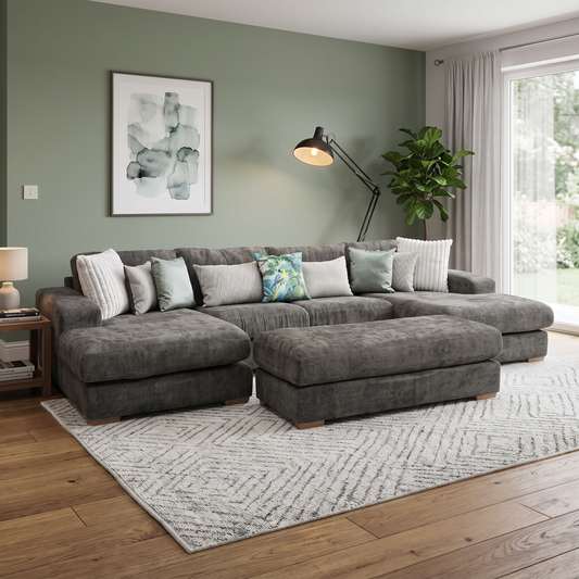 Styled upscale grand living room lifestyle layout featuring the complete Broadgate Chocolate Brown U-shape modular sofa and footstool arranged as an inviting, luxury home theater and family lounge center.