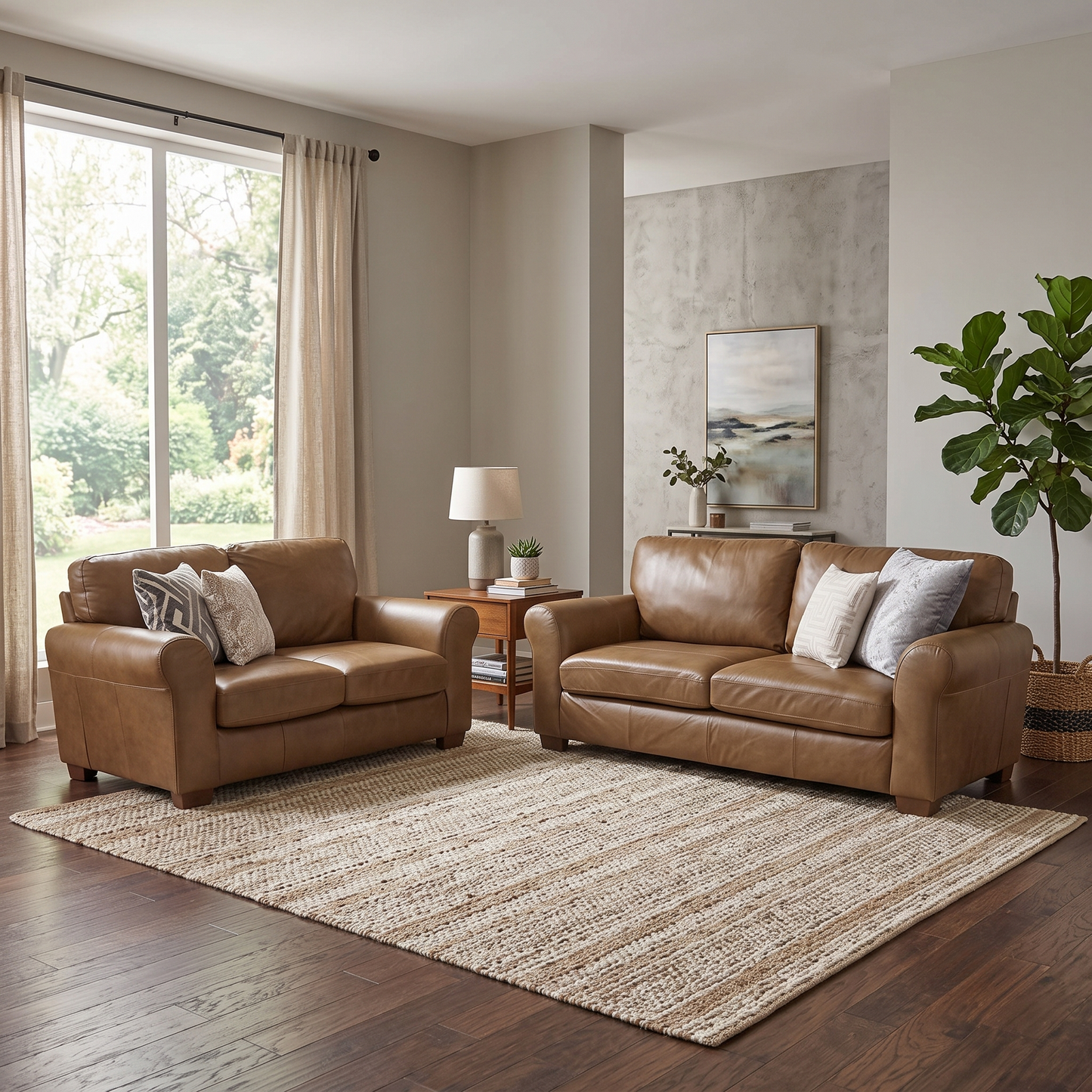 ‘Bailey' Tan Brown Leather 3 + 2 Seater Sofa Set