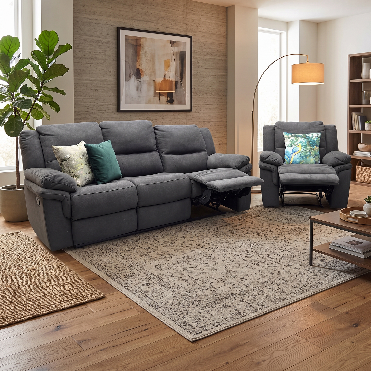 ‘Albion’ Charcoal Grey Fabric 3 Seater Manual Recliner Sofa + Chair