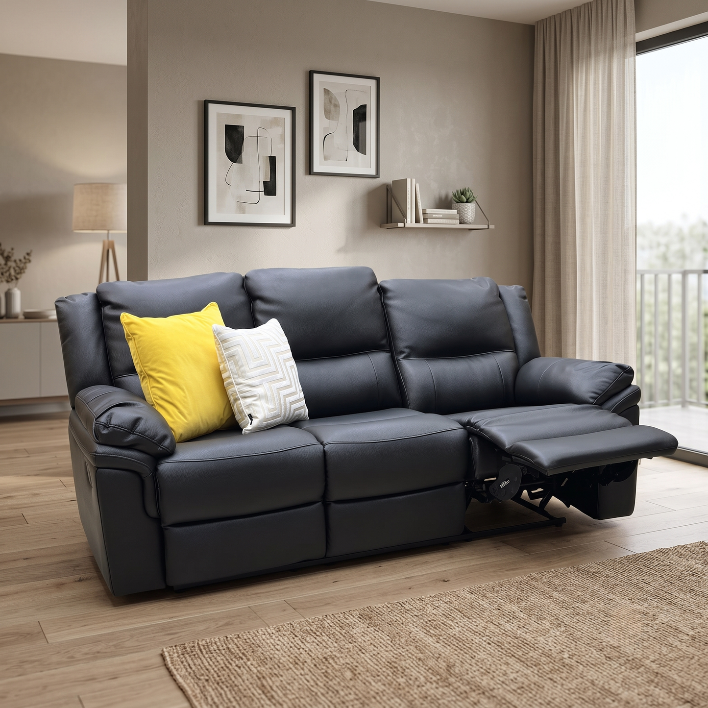 ‘Albion' Black Luxury Faux Leather 3 Seater High Back Manual Recliner Sofa