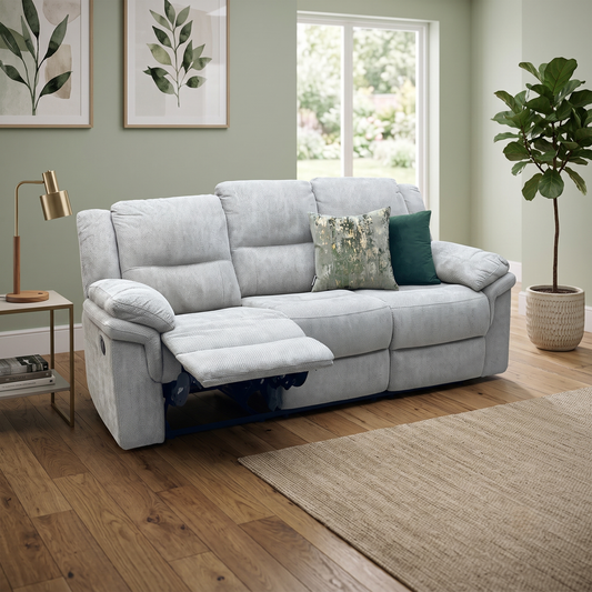 Styled upscale contemporary living room lifestyle layout featuring the Albion natural chunky weave 3-seater high-back recliner sofa arranged as a warm, inviting family lounge centerpiece.