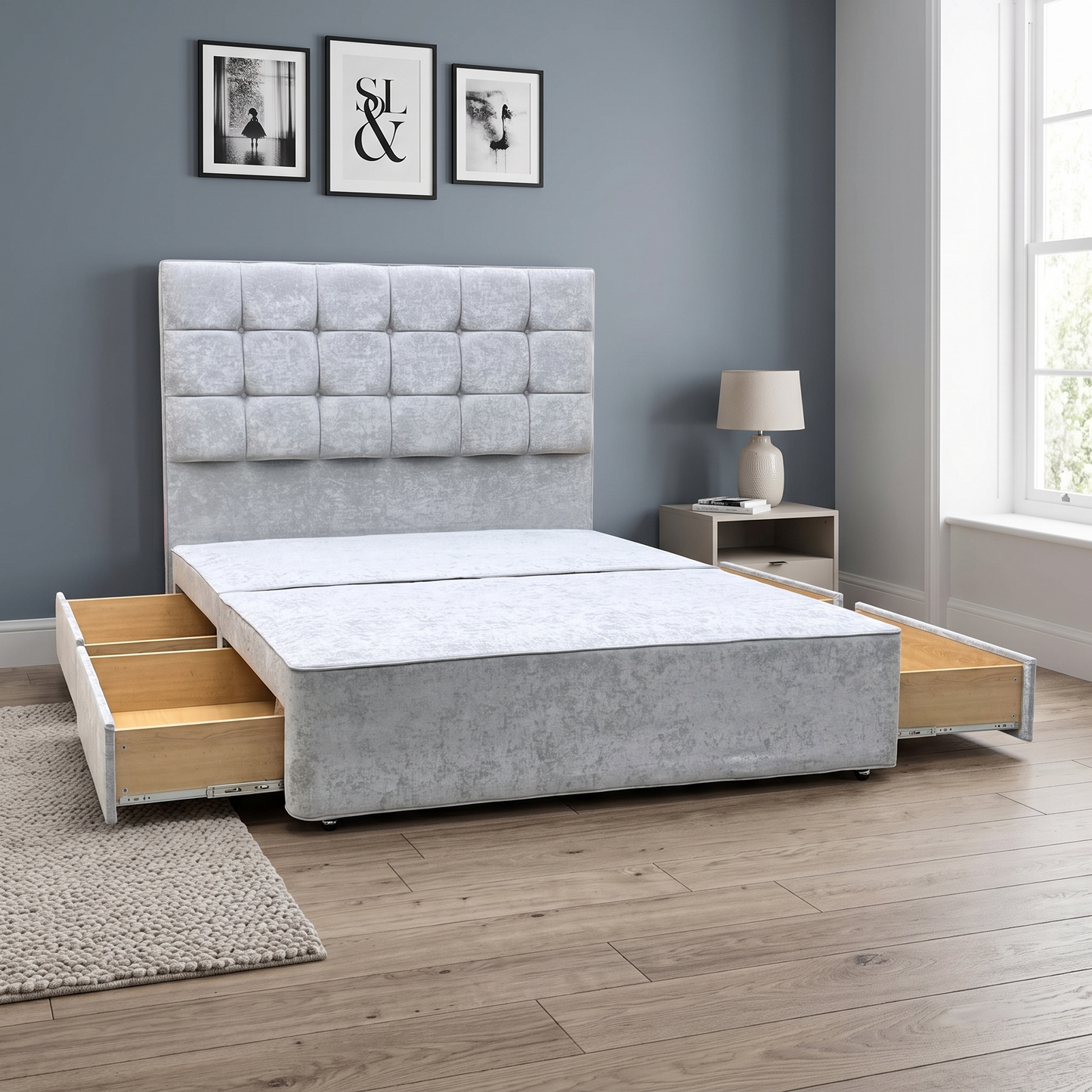 ‘Mia’ Premium 806 Simply Zinc Grey Fabric Floor Standing Headboard + 4 Draw Bespoke Sprung Divan Base - King