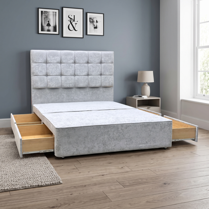 ‘Mia’ Premium 806 Simply Zinc Grey Fabric Floor Standing Headboard + 4 Draw Bespoke Sprung Divan Base - King