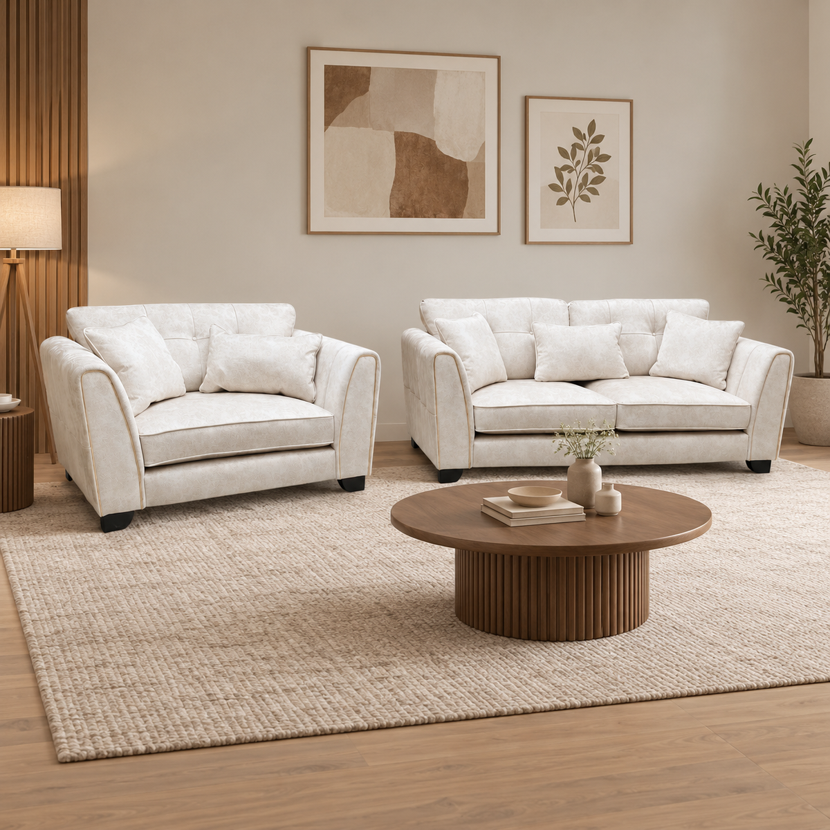 Mariah Dapple ivory fabric 3 seater sofa and snuggler chair in a living room with a round fluted coffee table