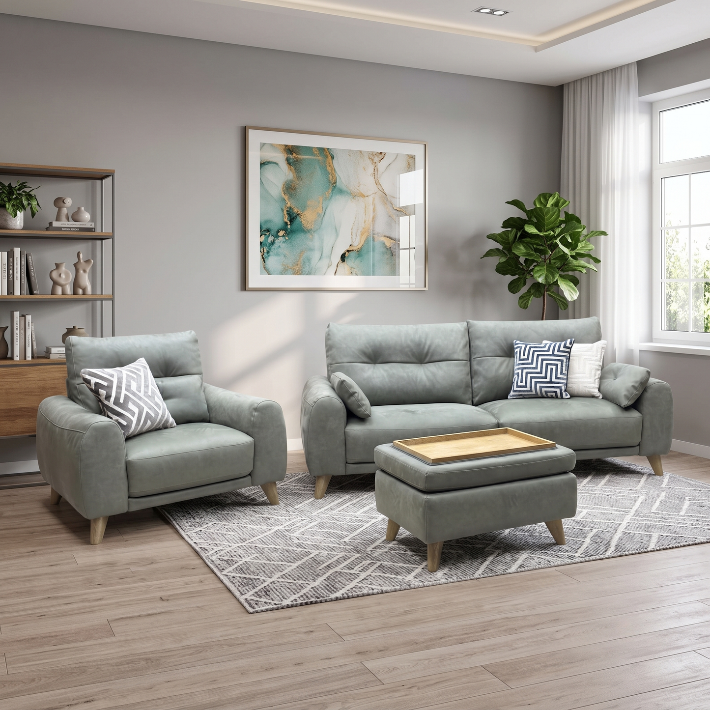 ‘Malmo’ Bfa-Ori-R12 Olive Green Fabric 3 Seater Sofa + Chair + Coffee Table Storage Footstool