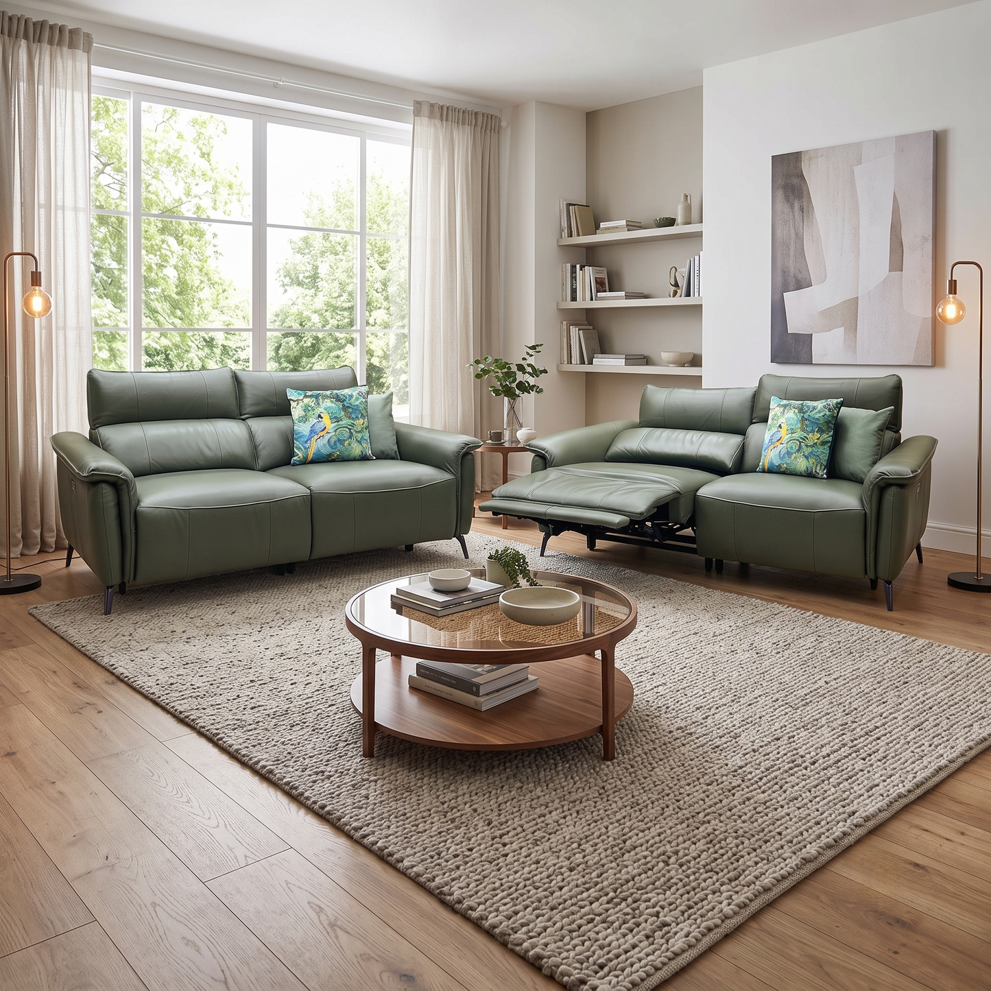 ‘Jude' Oslo Pine Green Cat-40 10 Leather 3 + 3 Seater Power Recliner with Telescopic Headrests Sofa Set