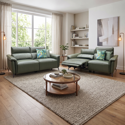 ‘Jude' Oslo Pine Green Cat-40 10 Leather 3 + 3 Seater Power Recliner with Telescopic Headrests Sofa Set