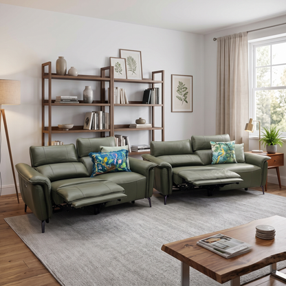 ‘Jude’ Oslo Pine Green Cat-40_10 Leather 3 + 2 Seater Power Recliner Sofa Set with Telescopic Headrests