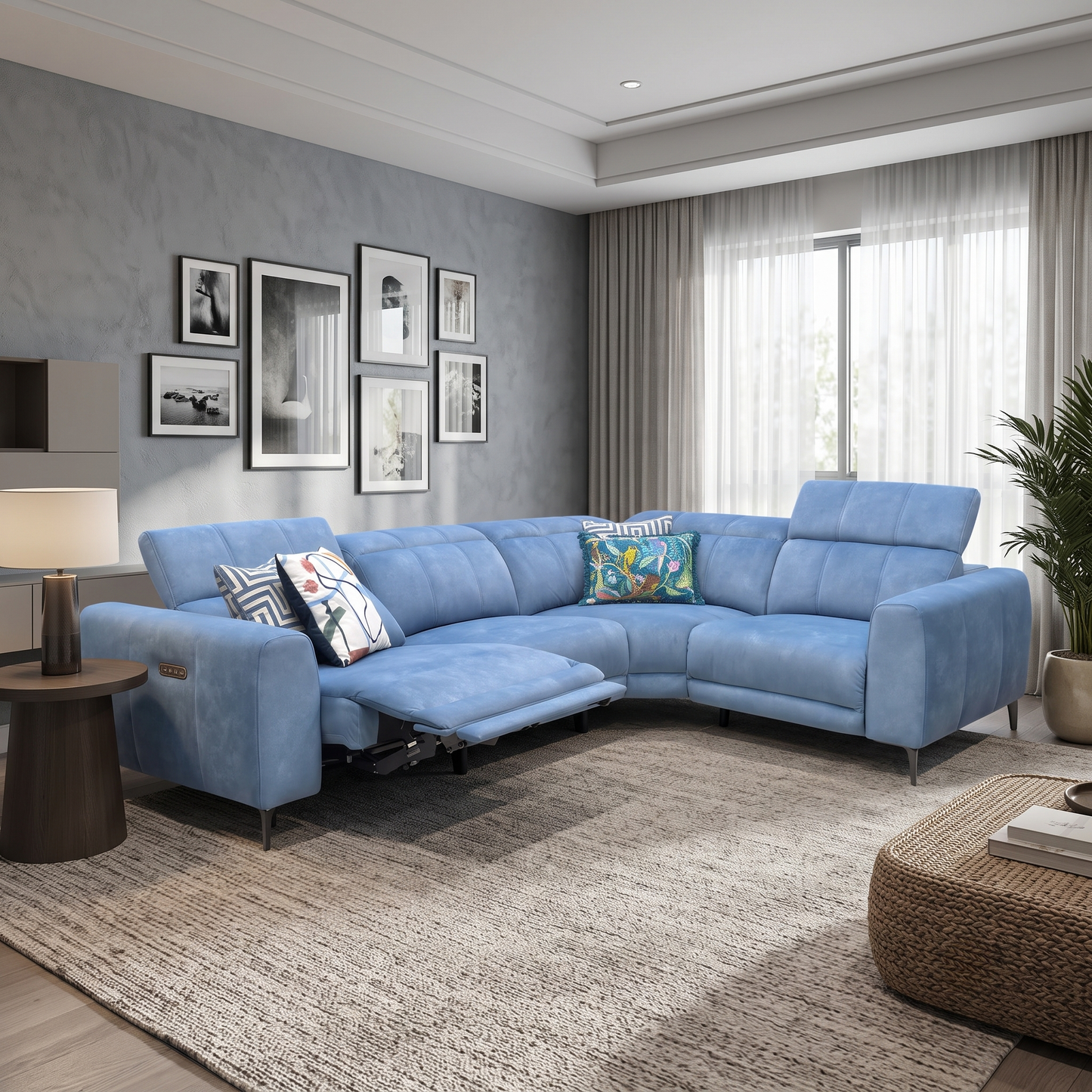 ‘Ezra’ Dexter 43525 Wave Blue Fabric Power Recliner Corner Sofa with Power Headrest