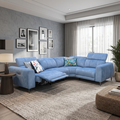 ‘Ezra’ Dexter 43525 Wave Blue Fabric Power Recliner Corner Sofa with Power Headrest