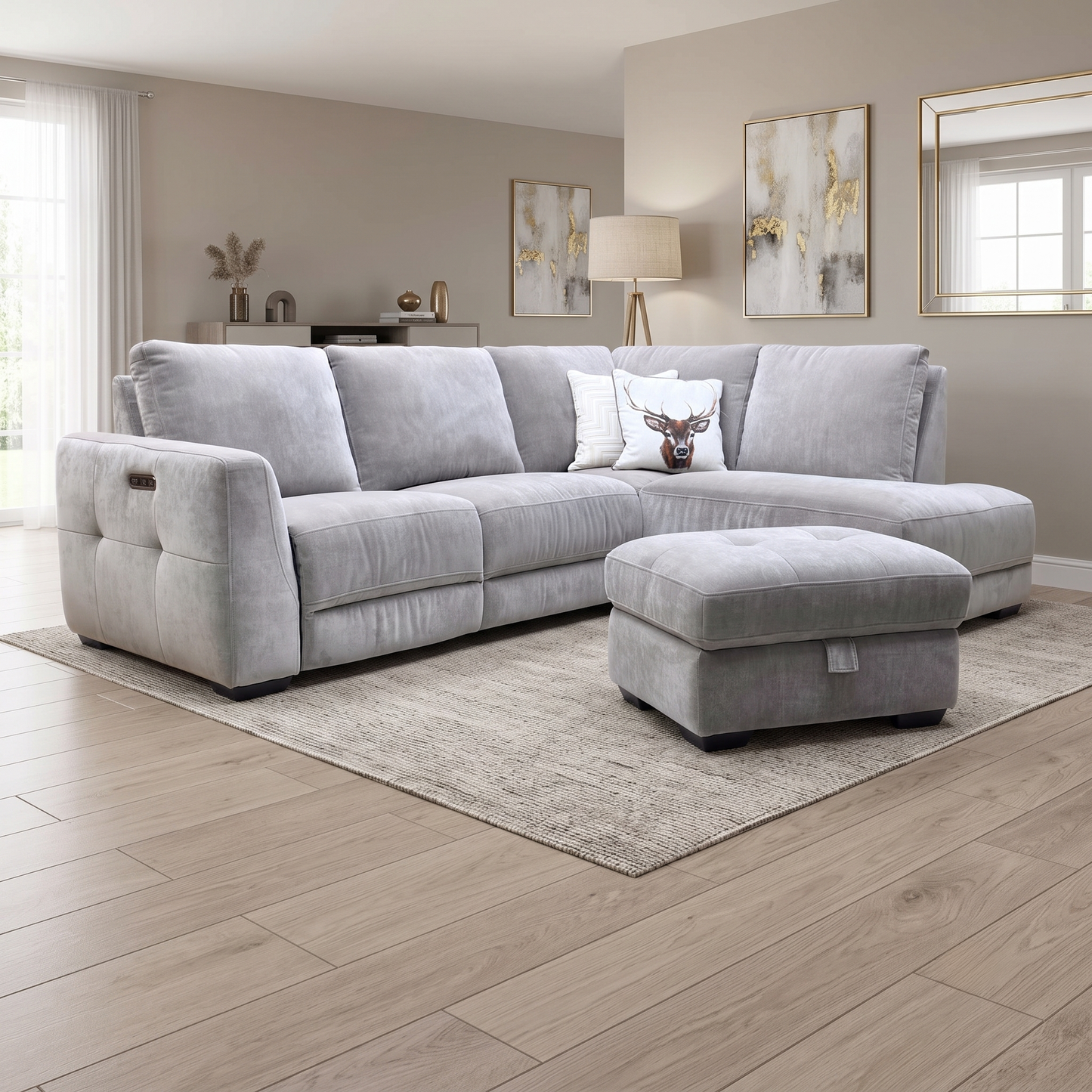 ‘Dinky’ Manhattan Nutmeg Fabric Corner Chaise End Sofa + Large Storage Footstool