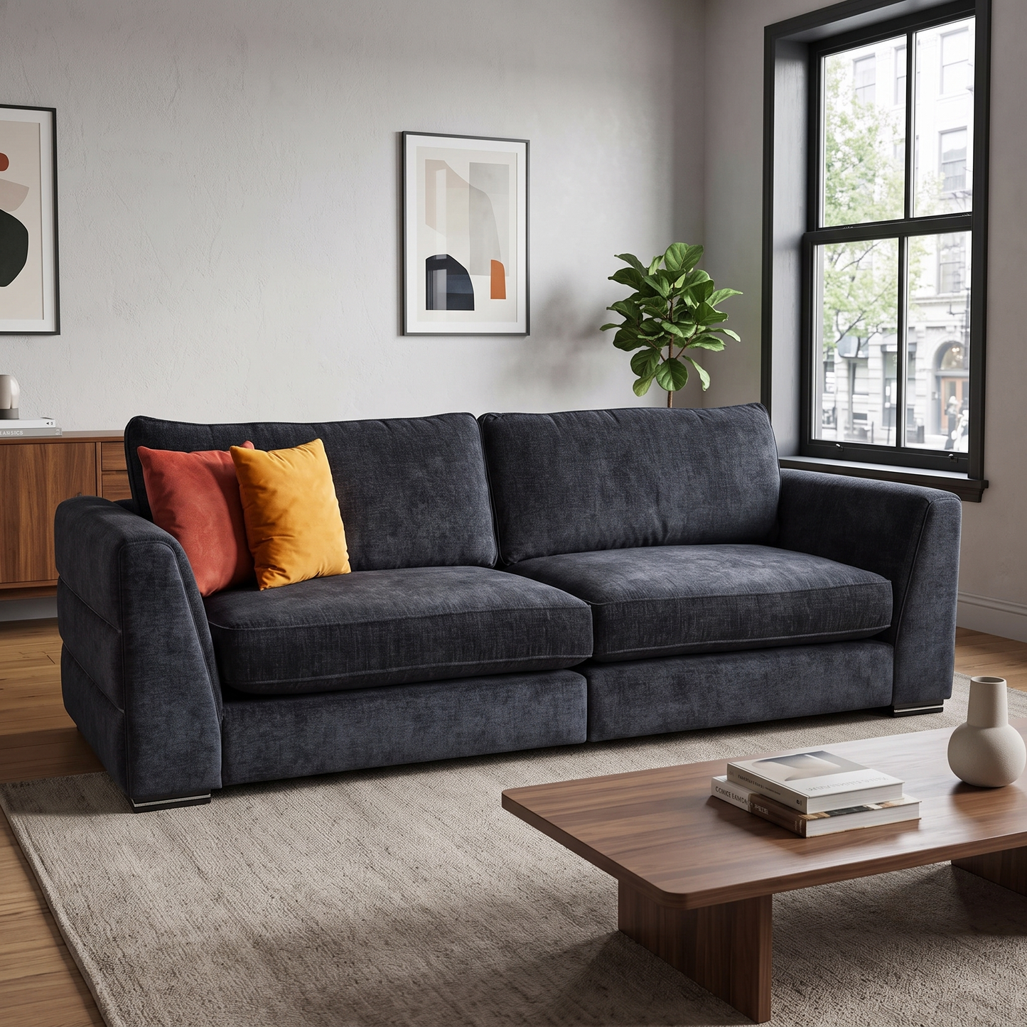 ‘Belissimo’ Mirage Black - Silver Cp Fabric 4 Seater Split Frame classic Back Sofa