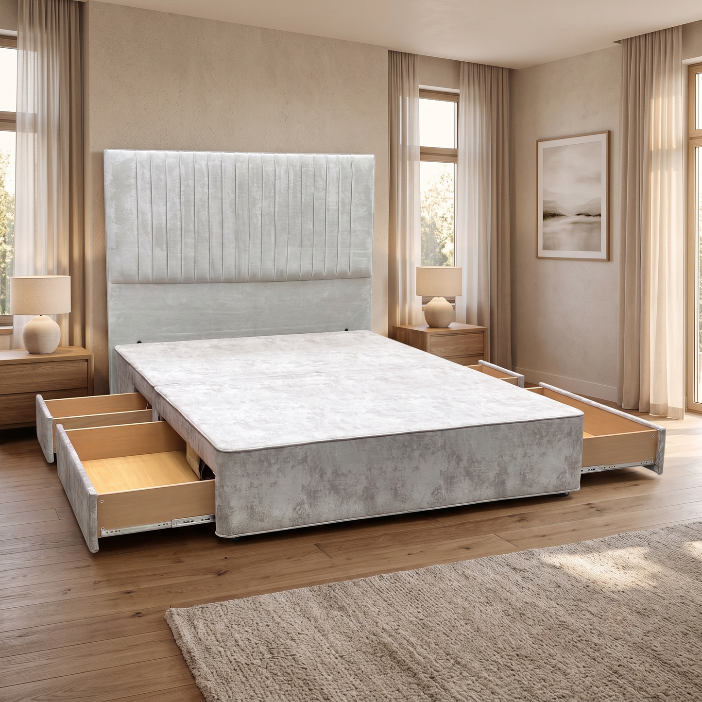 ‘Clancy’ Milan Stone Grey Fabric Floor Standing Headboard + 4 Draw Sprung Divan Base