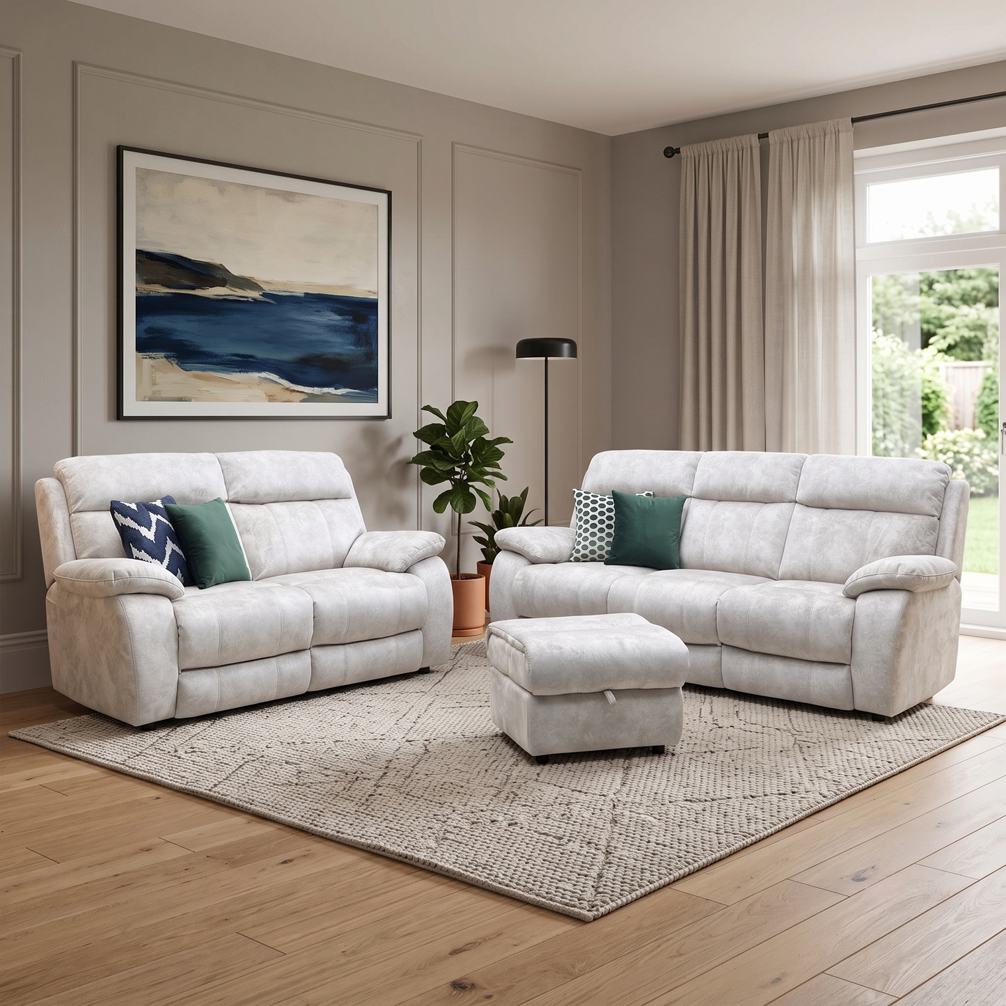 ‘Moreno’ Bfa-Bnn-R26 Cream Fabric 3 + 2 Seater Sofa Set + Storage Footstool
