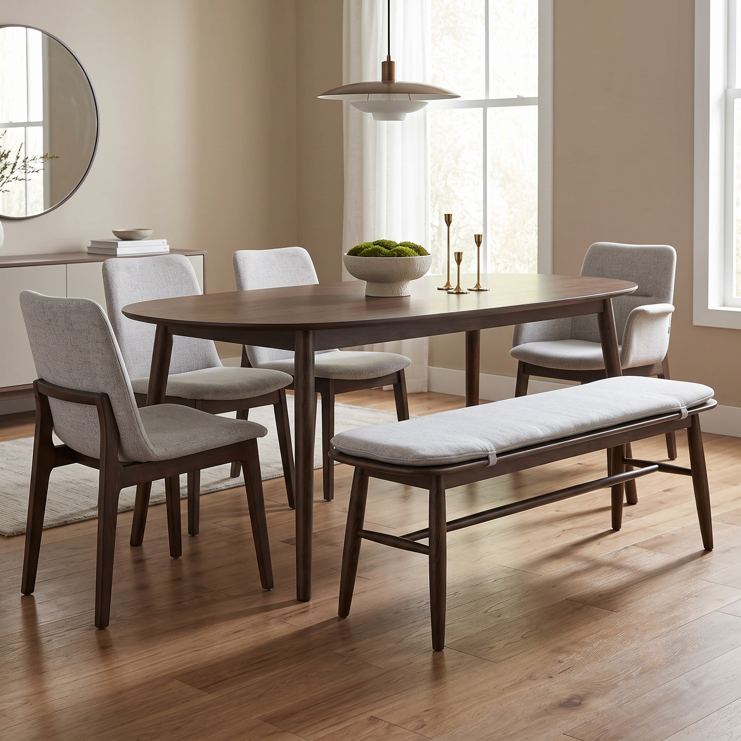 ‘Stockholm' Dark Oak 150cm Dining Bench + Grey Bench Pad