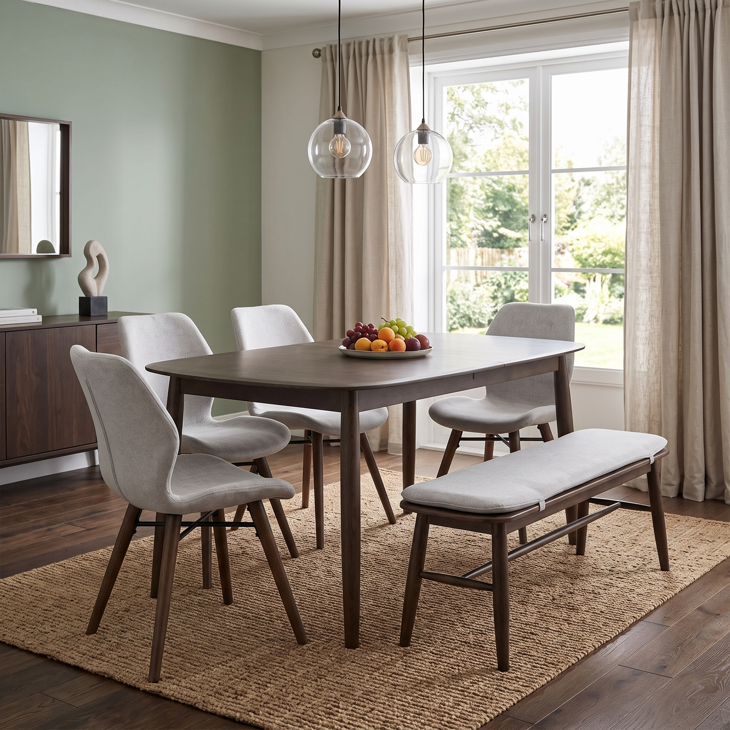 ‘Stockholm' Dark Oak Large Extending Dining Table with 4 Grey Upholstered Dining Chairs and 150cm Dining Bench + Grey Bench Pad Furniture Village