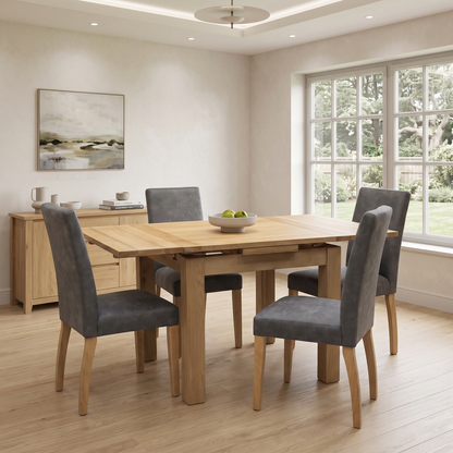 Furnitureland 'Augusta' Solid Oak Draw Leaf Extending Dining table with ‘Augusta’ Grey Cowboy Upholstered Dining Chair - Set of 4 Furniture Village