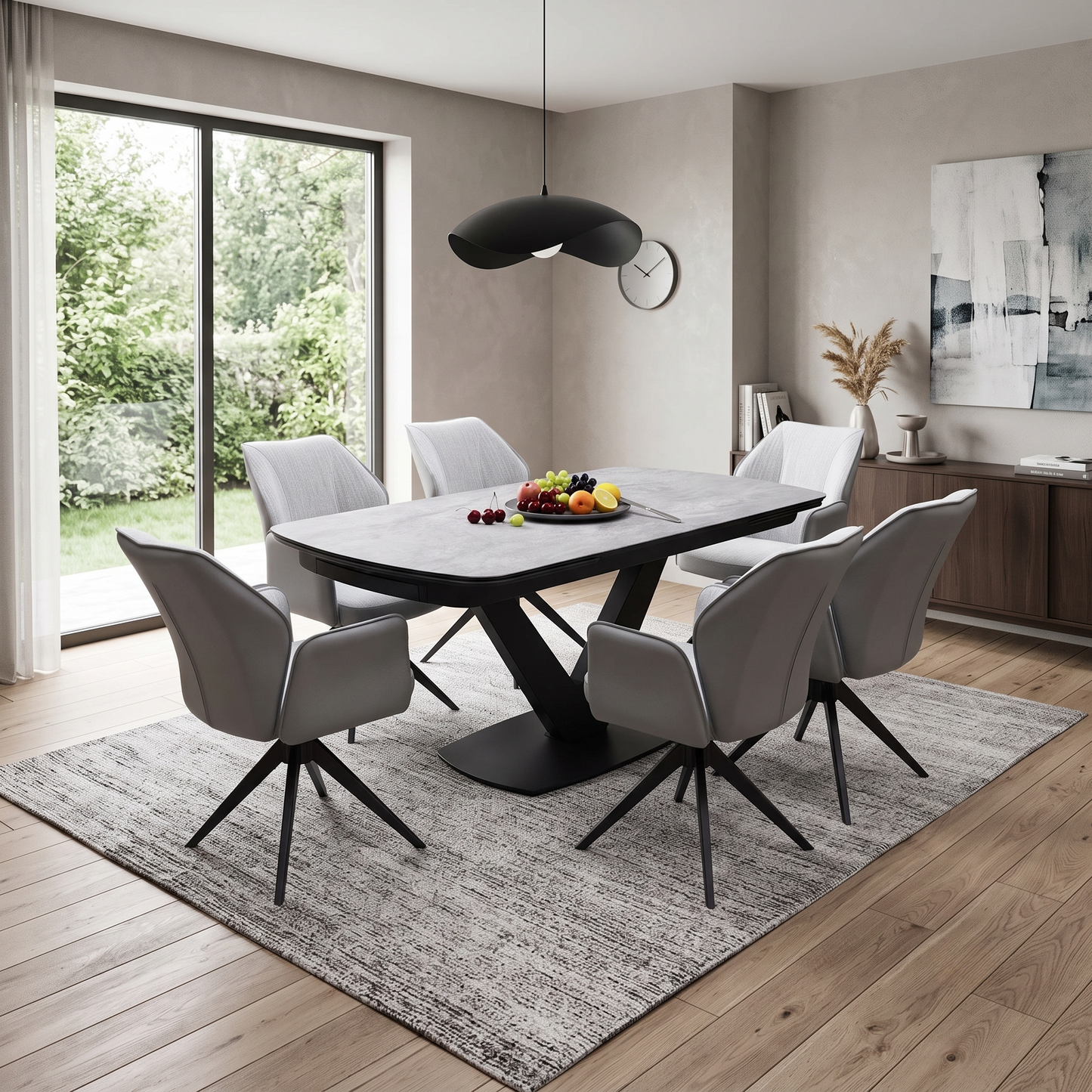 'Julio’ Silver Ceramic Top 160cm Draw Leaf Extending Dining Table with 06 Stone Grey Fabric Dining Arm Chairs Furniture Village