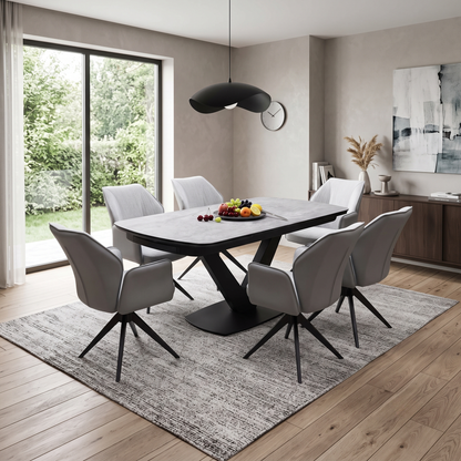 'Julio’ Silver Ceramic Top 160cm Draw Leaf Extending Dining Table with 06 Stone Grey Fabric Dining Arm Chairs Furniture Village