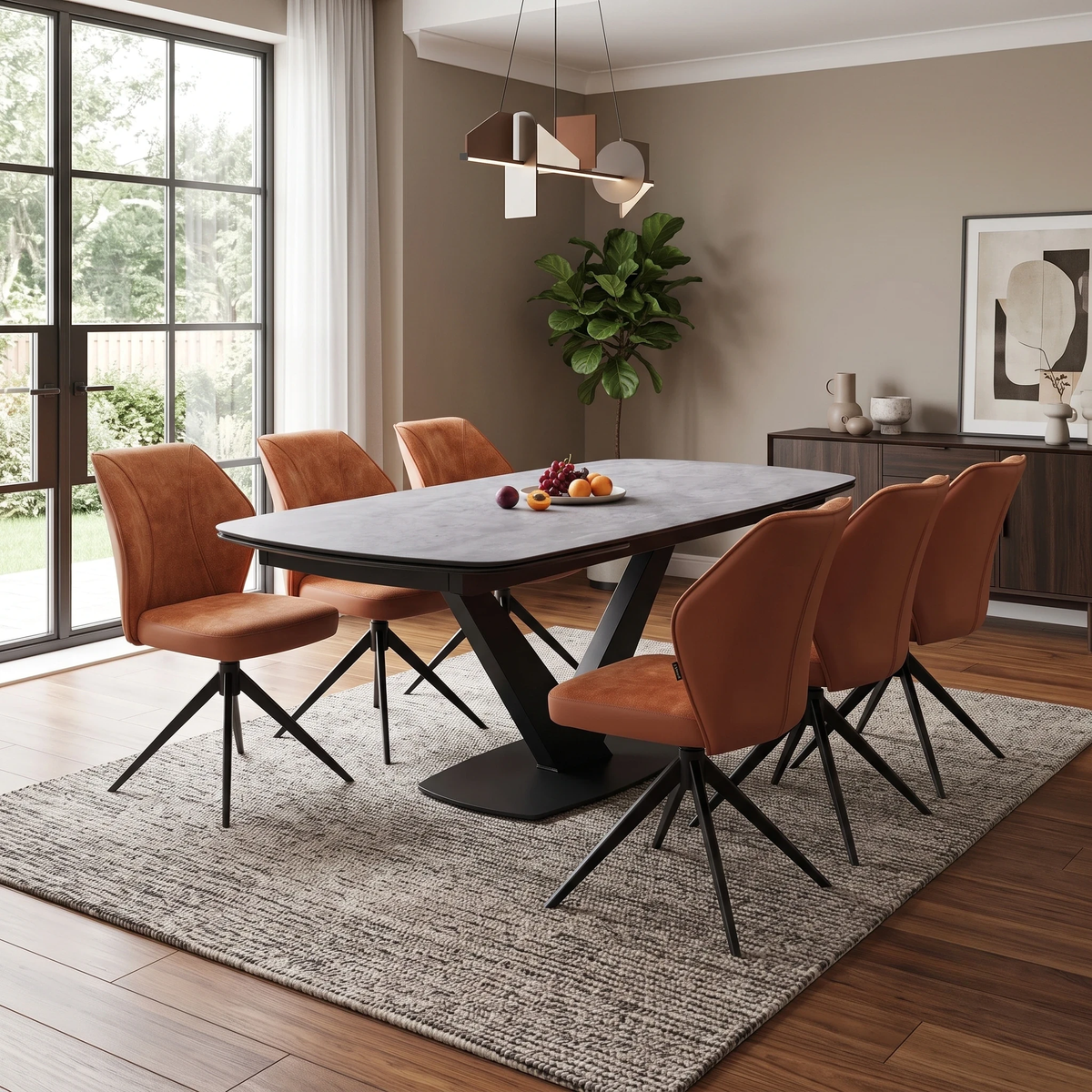 'Julio' Silver Ceramic Top 160cm Draw Leaf Extending Dining Table with Terracotta Orange Fabric Set of 6 Swivel Dining Chairs