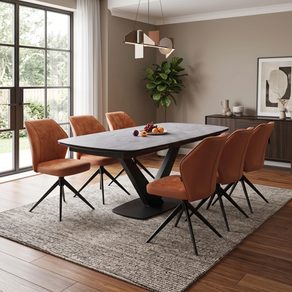 'Julio' Silver Ceramic Top 160cm Draw Leaf Extending Dining Table with Terracotta Orange Fabric Set of 6 Swivel Dining Chairs