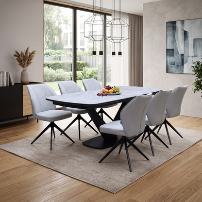 'Julio' Silver Ceramic Top 160cm Draw Leaf Extending Dining Table with G5 Stone Grey Fabric Set of 6 Swivel Dining Chairs