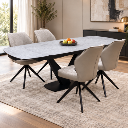 'Julio' Silver Ceramic Top 160cm Draw Leaf Extending Dining Table with Bc2 Cream Fabric Swivel Chairs x 4