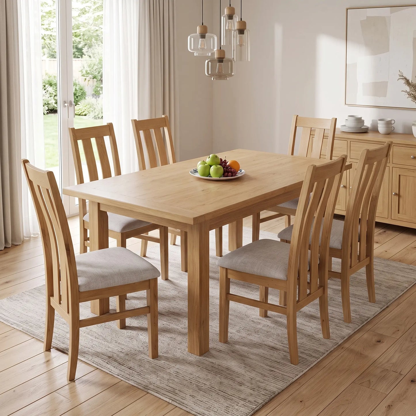 Styled upscale contemporary or farmhouse-style dining room setting featuring the matching set of 6 Augusta wooden slatted-back chairs arranged beautifully around a matching wooden dinner table.