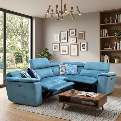Nicoletti ‘Davide’ Teal Fabric Small Power Recliner Corner Sofa