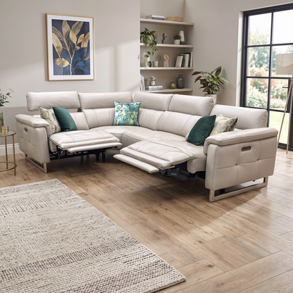 ‘Moet’ Cat-40_08 Oyster Leather Power Recliner Corner Sofa with Telescopic Headrests