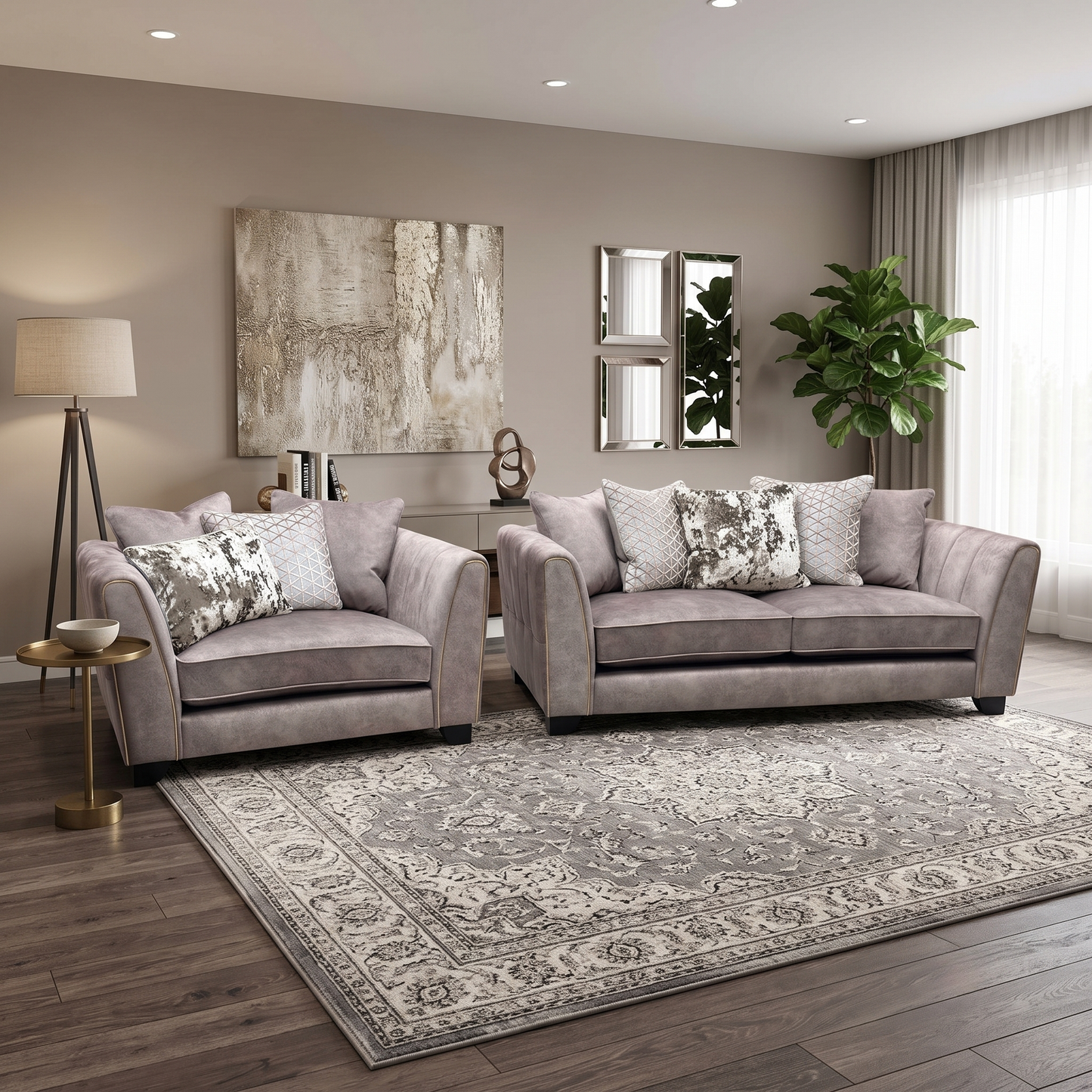 'Mariah' Dapple Chocolate-Tri Brass Insert Fabric 3 Seater Scatter Back Sofa + Snuggler Chair Furniture Village