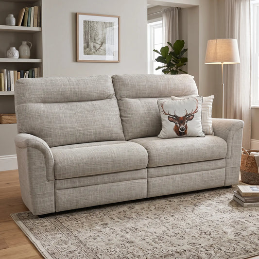 Styled upscale contemporary living room lifestyle layout featuring the Parker Knoll Hudson oatmeal fabric large 2-seater sofa arranged as a luxurious, sophisticated seating centerpiece.