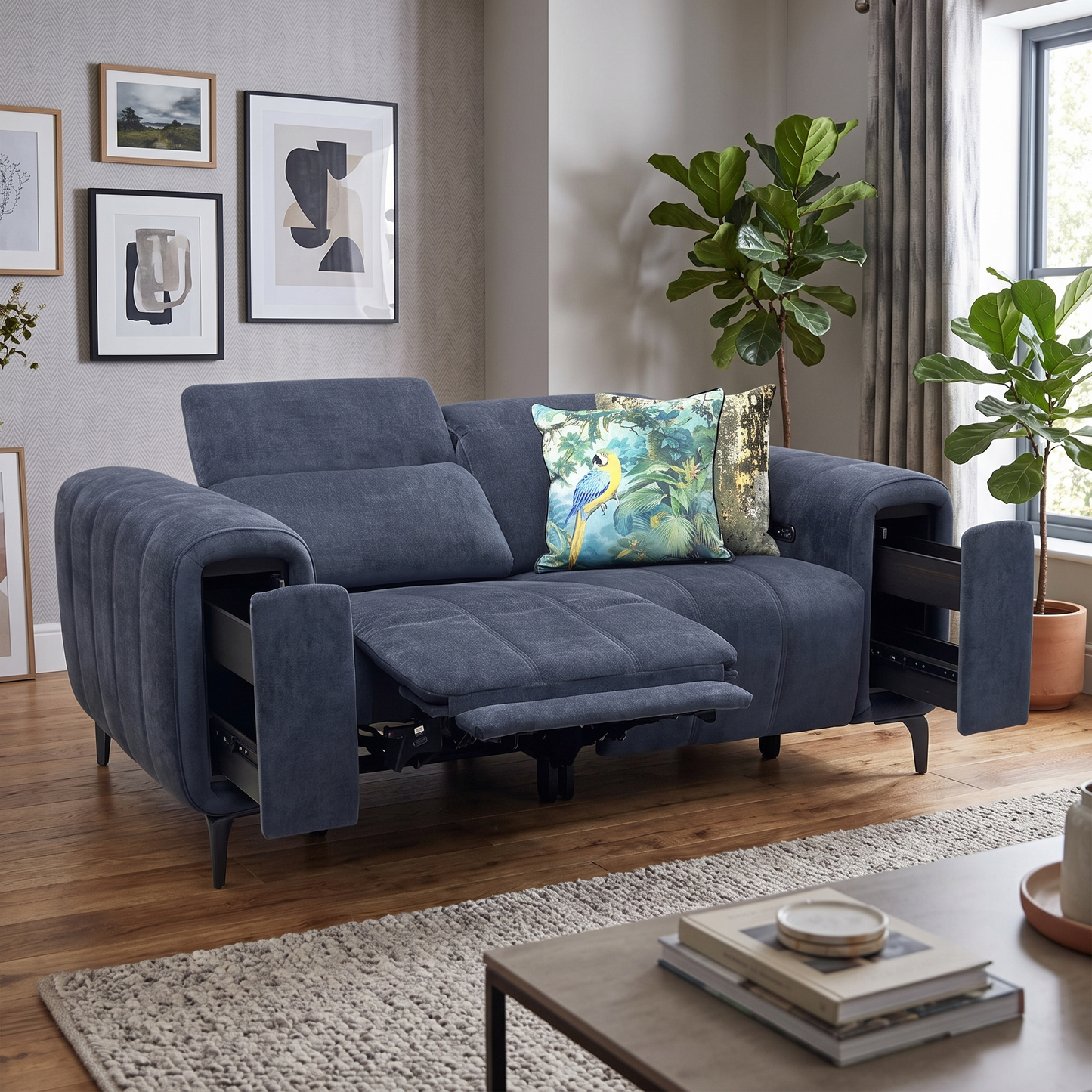‘Elphaba’ Manhattan Indigo 58009 Fabric 2 Seater Power Recliner Sofa with Storage Arms Furniture Village