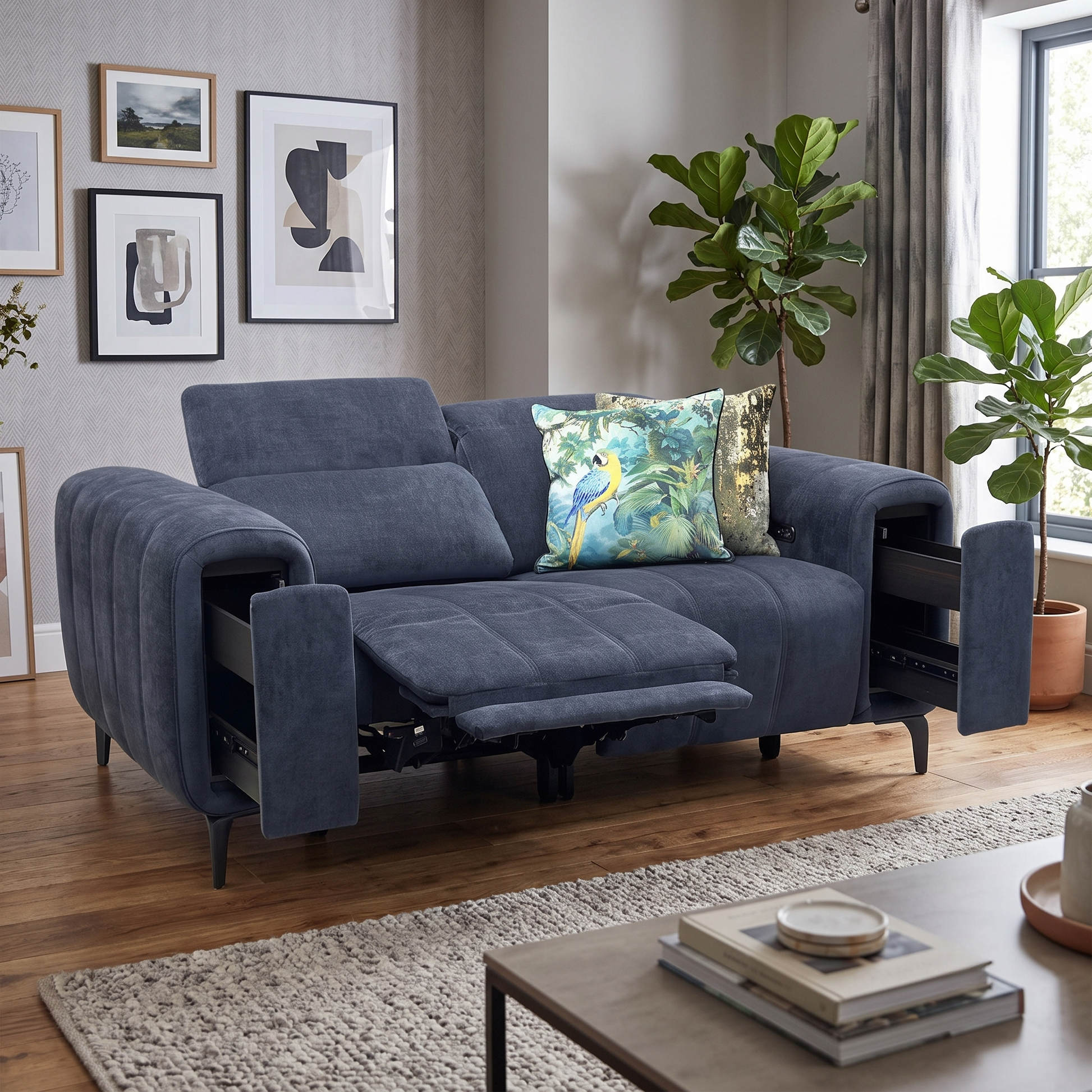 ‘Elphaba’ Manhattan Indigo 58009 Fabric 2 Seater Power Recliner Sofa with Storage Arms Furniture Village