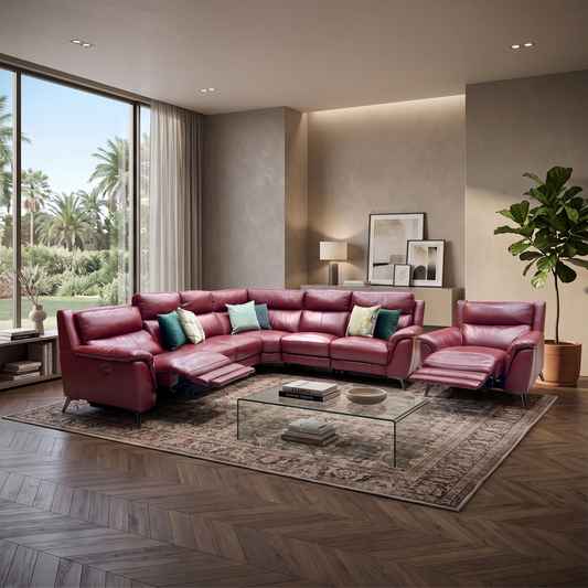 Styled upscale luxury living room lifestyle layout featuring the complete Contempo Burgundy Red leather XL corner sofa and chair set arranged to create a bold, high-end family entertainment lounge.