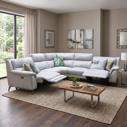 ‘Contempo' Bfa-Ori-R07 Bluish Grey Fabric Large Double Power Recliner Corner Sofa