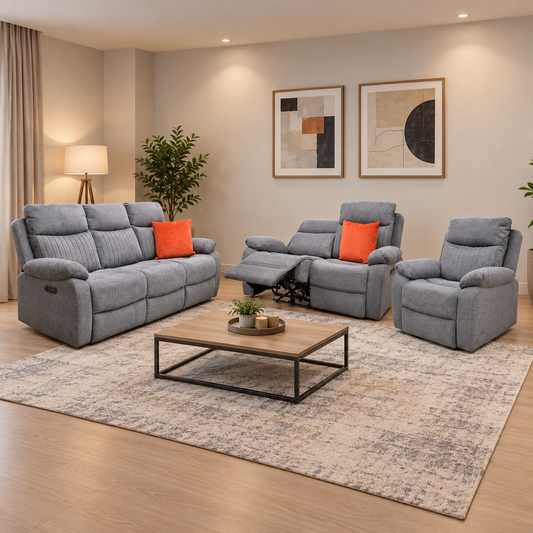 Brystol dark grey fabric 3 + 2 seater power recliner set and chair in a living room with a rug and oak coffee table