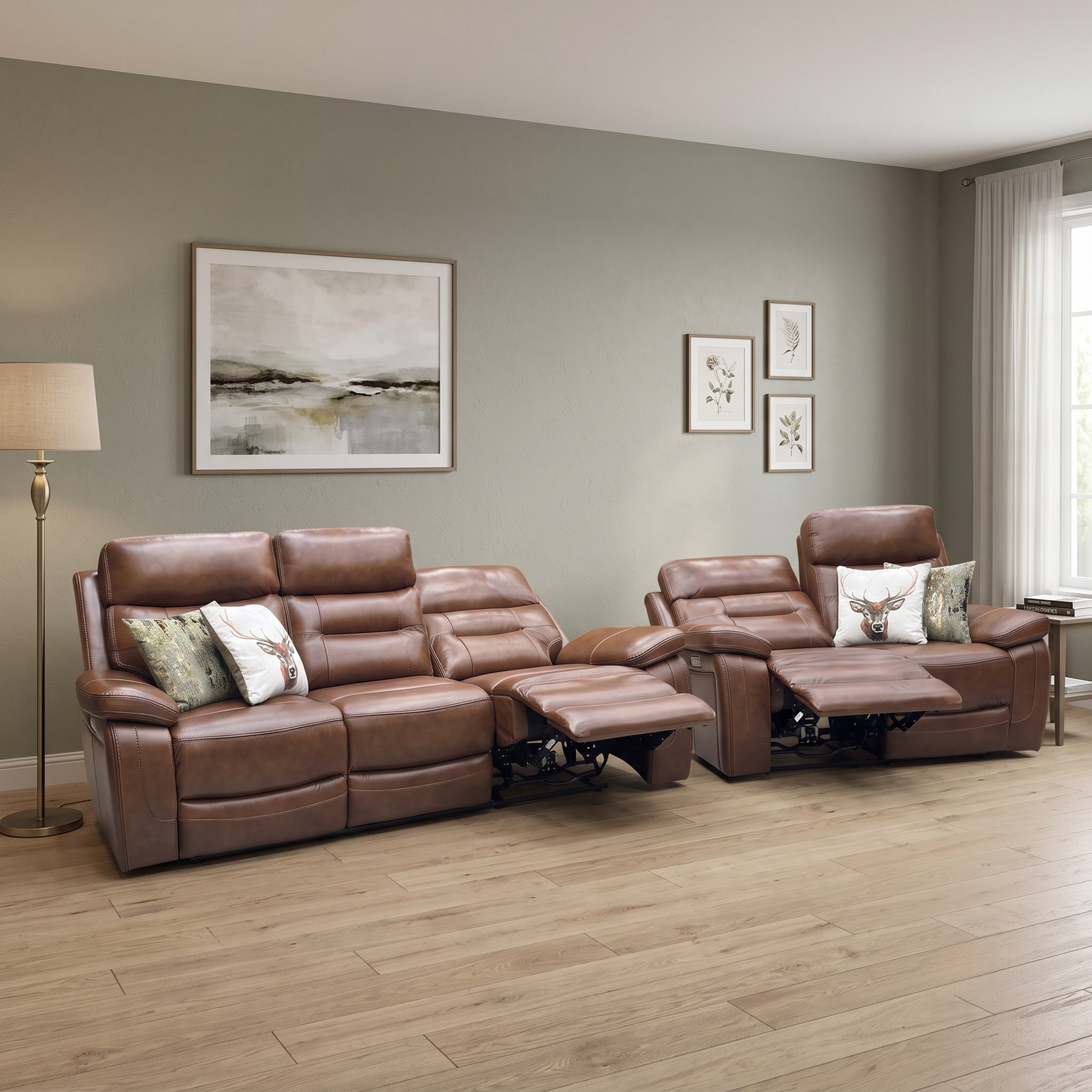 ‘Brandon’ Brown Full Leather 3 + 2 Seater Power Recliner Sofa Set Thornbrook (a Joseph James brand)